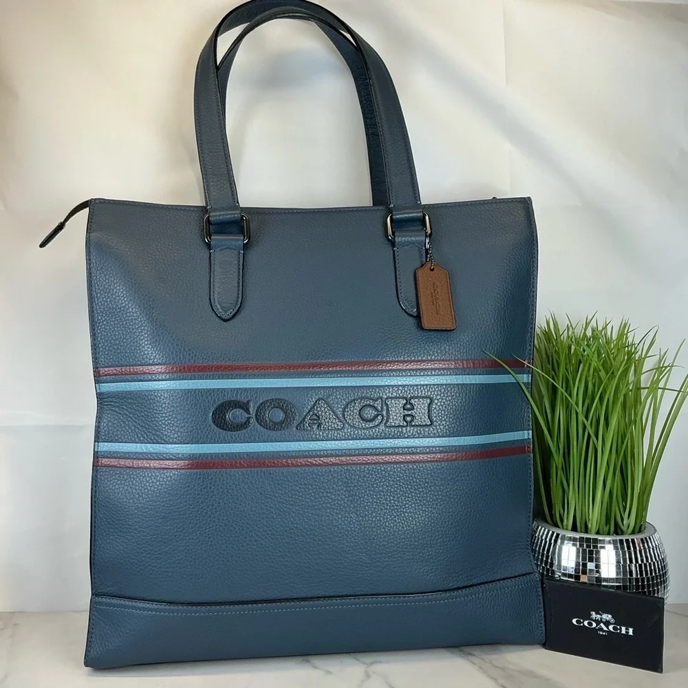 Coach Unisex Graham Stripe Blue‎ Leather Large Tote Shoulder Bag Work Laptop